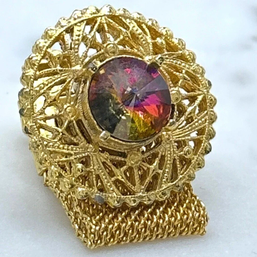 Vintage Round Prismatic Rivoli Gem Gold Tone Mesh Wrap Around Single Cufflink